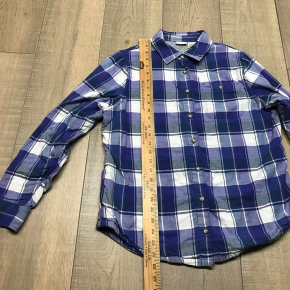 L.L. Bean Button Up Shirt Womens Size M Purple Plaid Flannel Fleece Lined Winter - Picture 8 of 9